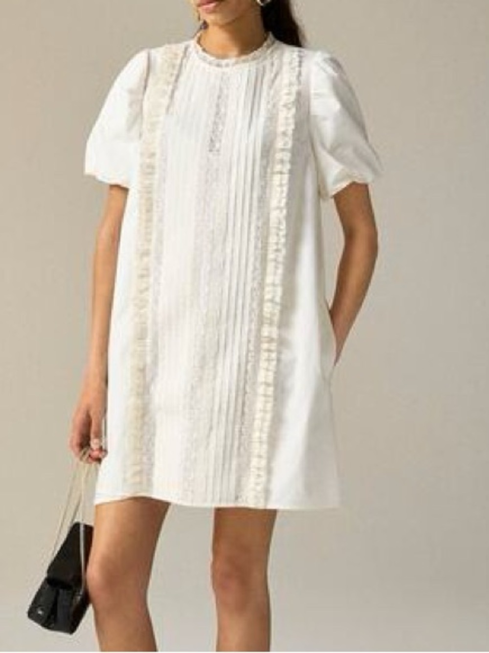 J Crew New women's puff sleeve Lace-trim pintuck shift dress in cream crew neck